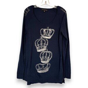 Rock and Republic Top Y2K Crown Graphic Tunic Sweater Blue Medium
